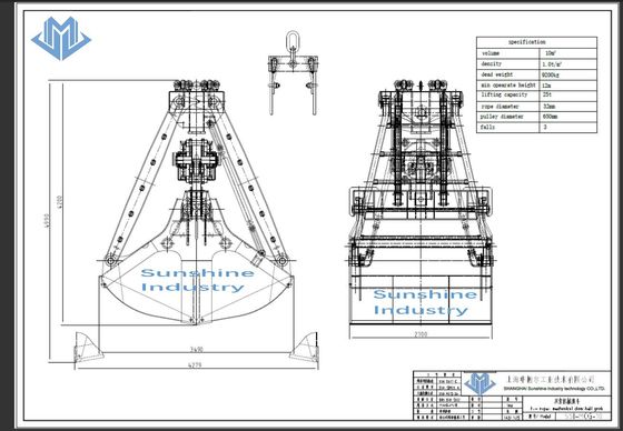 Dua Tali Clamshell Mechanical Grab Bucket Untuk Penanganan Bijih 10 Cube Meter