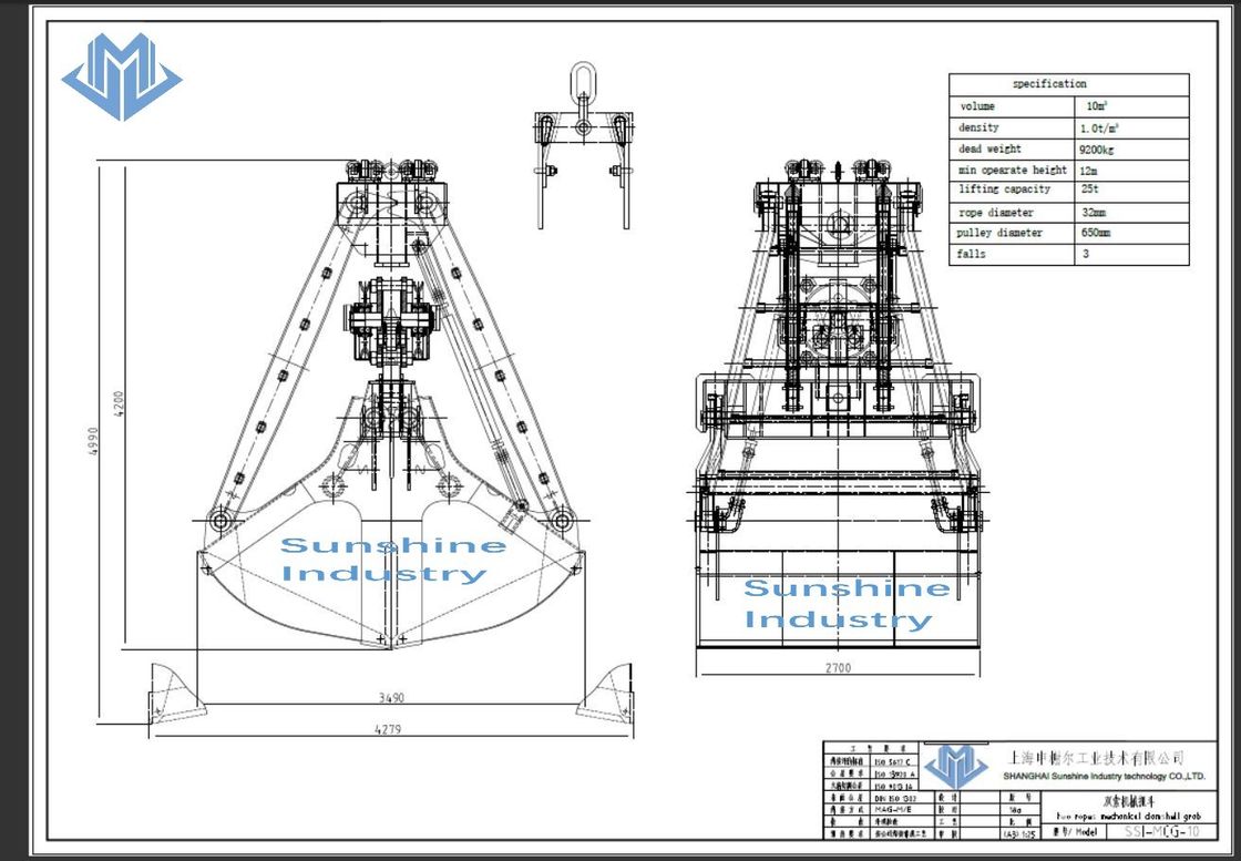 Dua Tali Clamshell Mechanical Grab Bucket Untuk Penanganan Bijih 10 Cube Meter